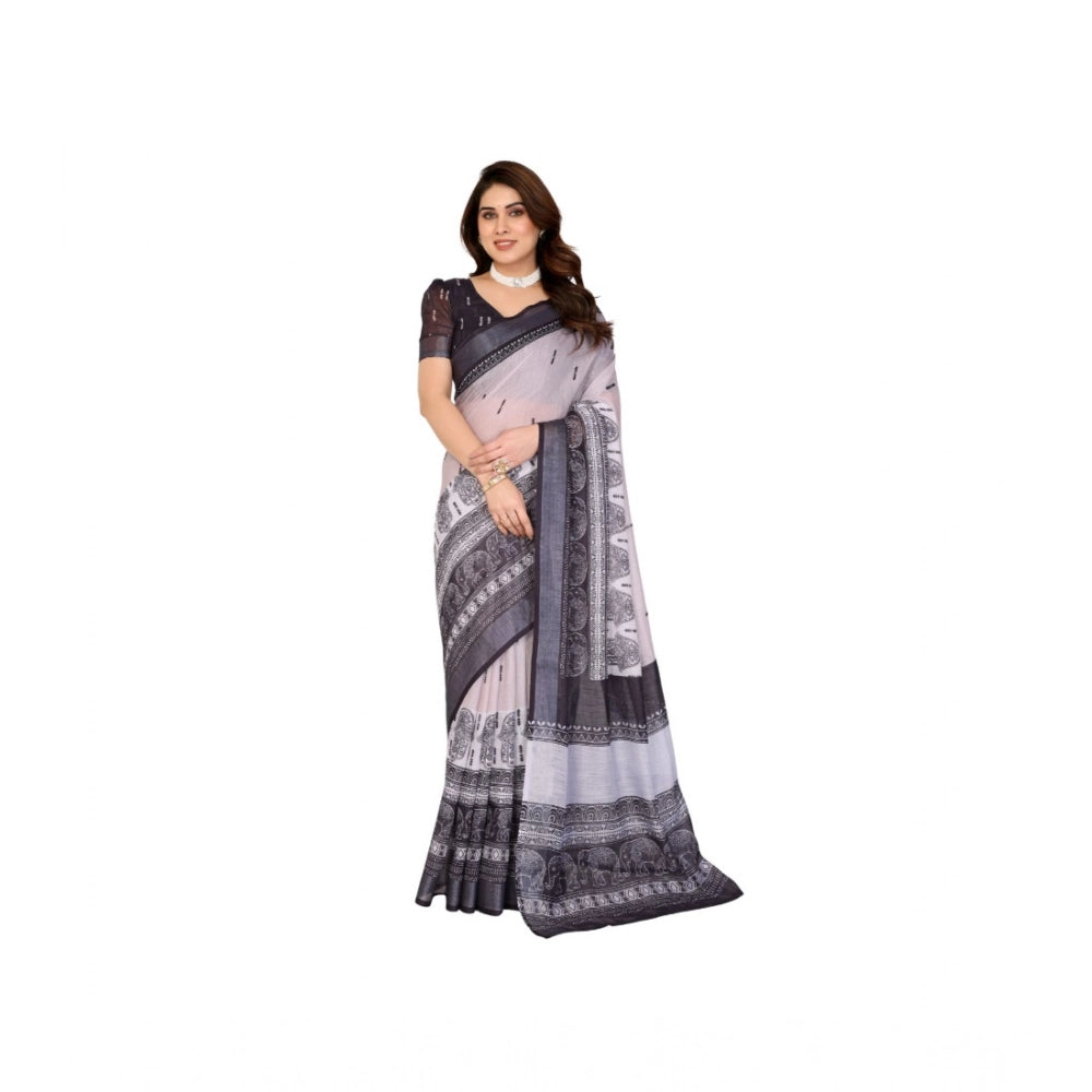 Women's Linen Cotton Printed Saree — White & Black