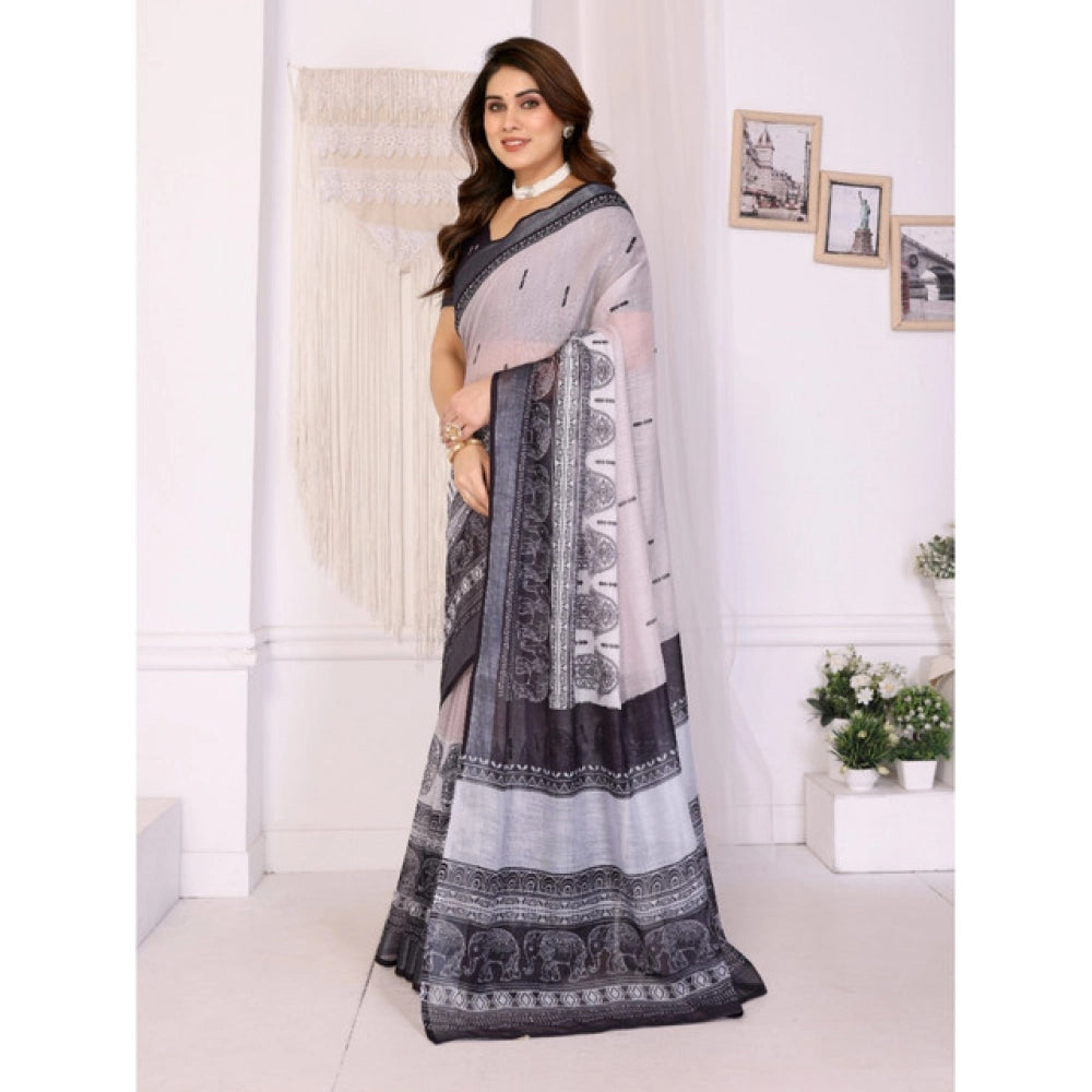 Women's Linen Cotton Printed Saree — White & Black