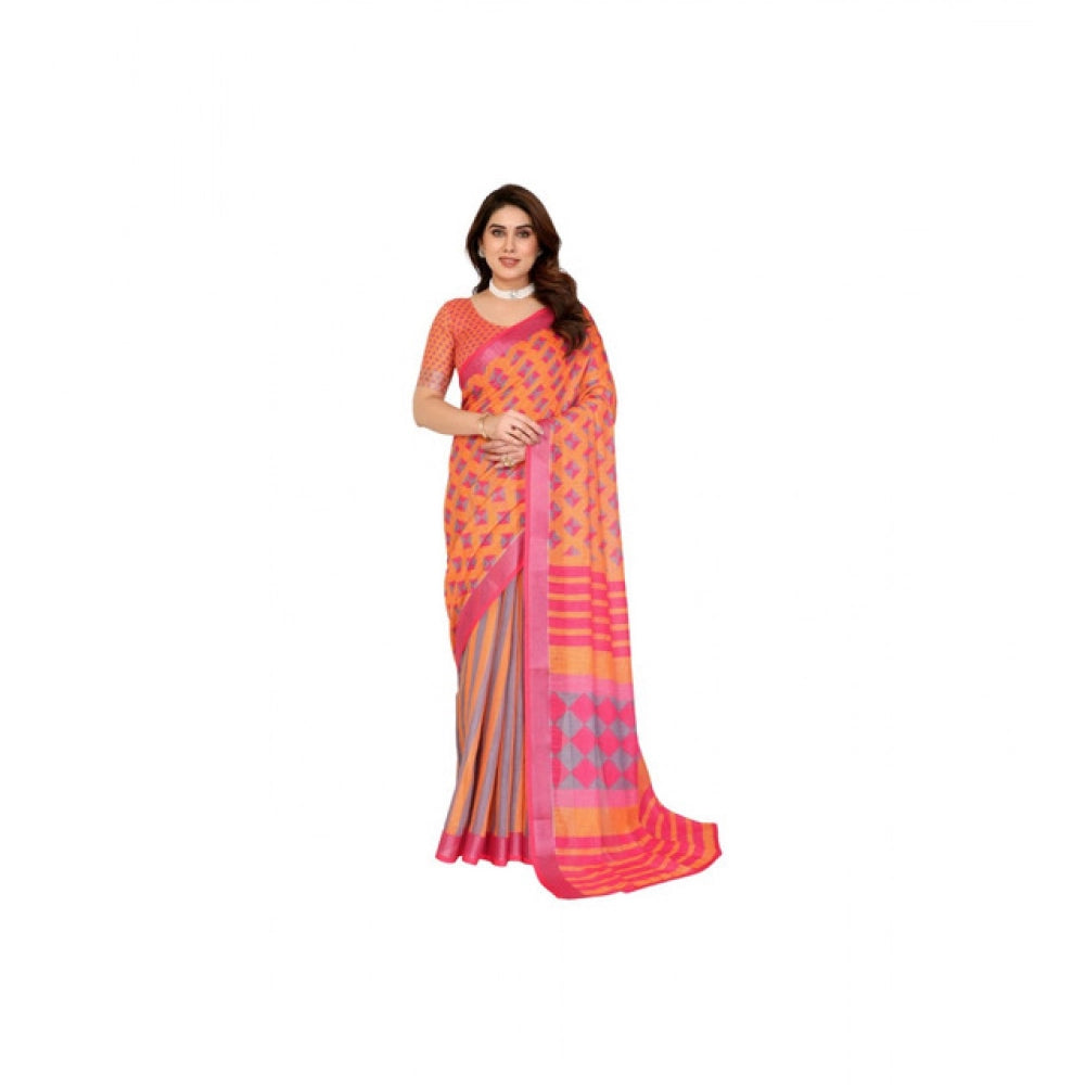 Women's Linen Cotton Printed Saree — Orange · Orng
