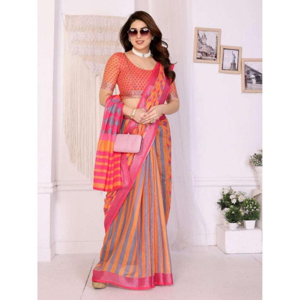 Women's Linen Cotton Printed Saree — Orange · Orng