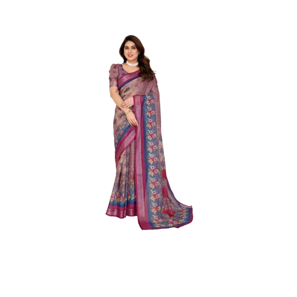 Women's Linen Cotton Printed Saree — Wine