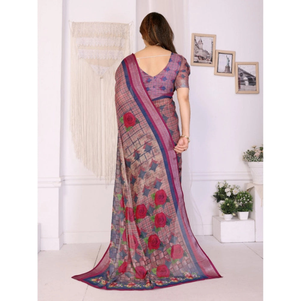 Women's Linen Cotton Printed Saree — Wine
