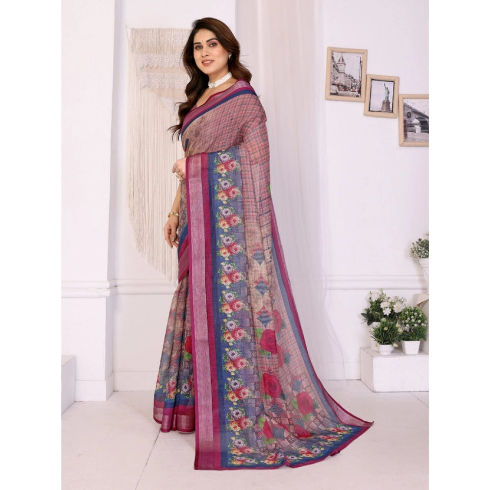 Women's Linen Cotton Printed Saree — Wine