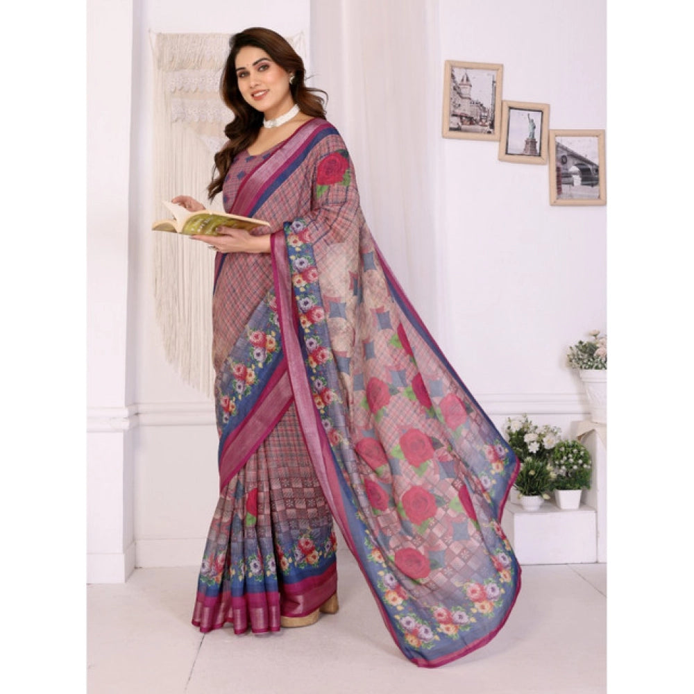 Women's Linen Cotton Printed Saree — Wine