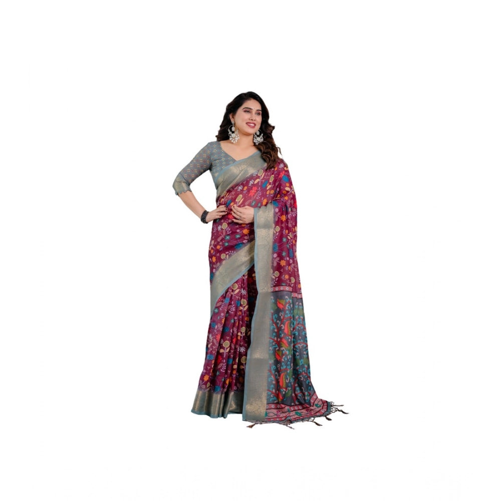 Women's Linen Printed Saree — Purple · _Prl