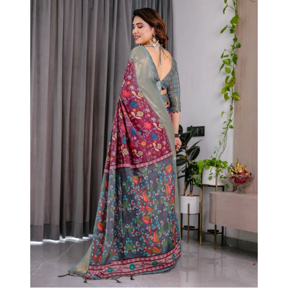 Women's Linen Printed Saree — Purple · _Prl