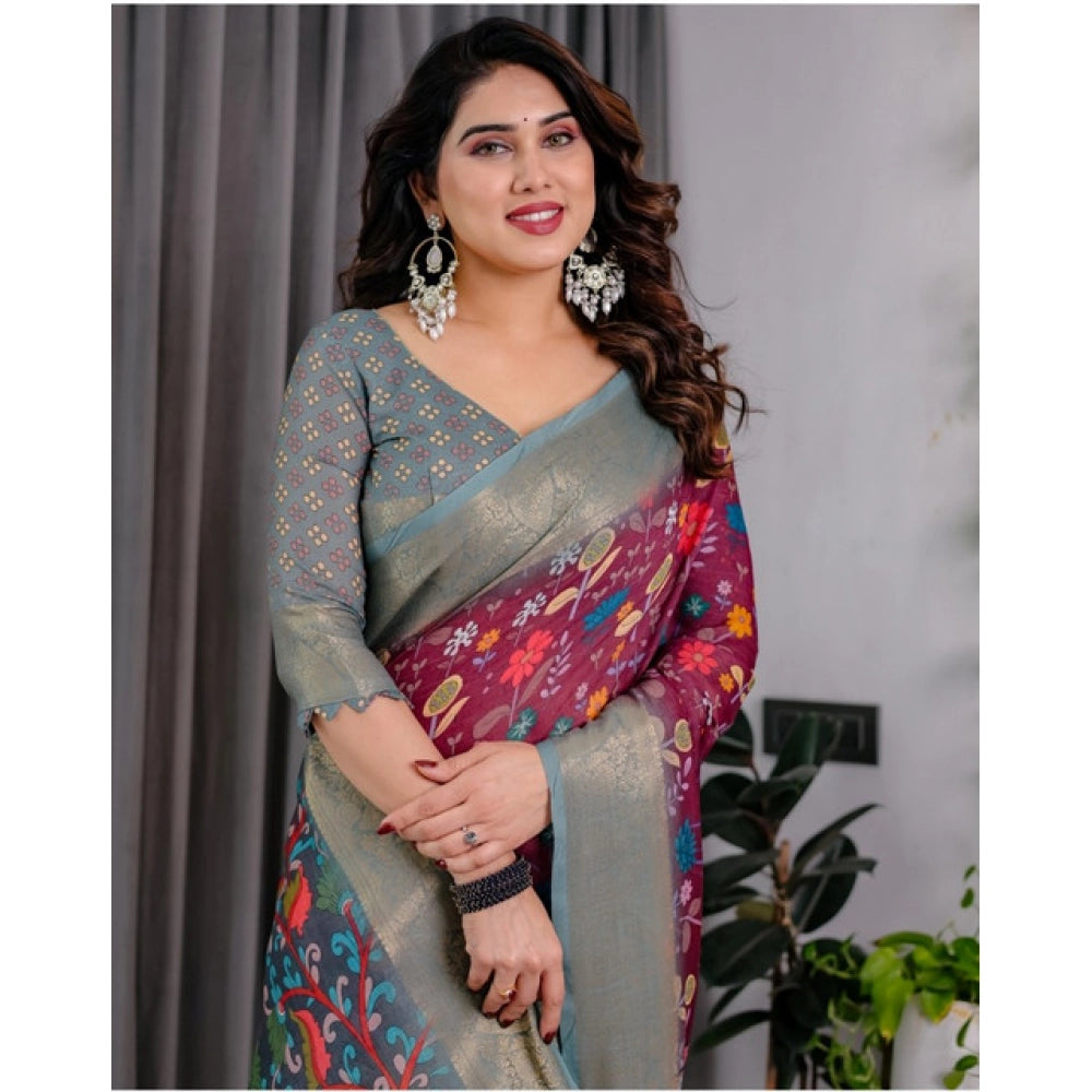 Women's Linen Printed Saree — Purple · _Prl