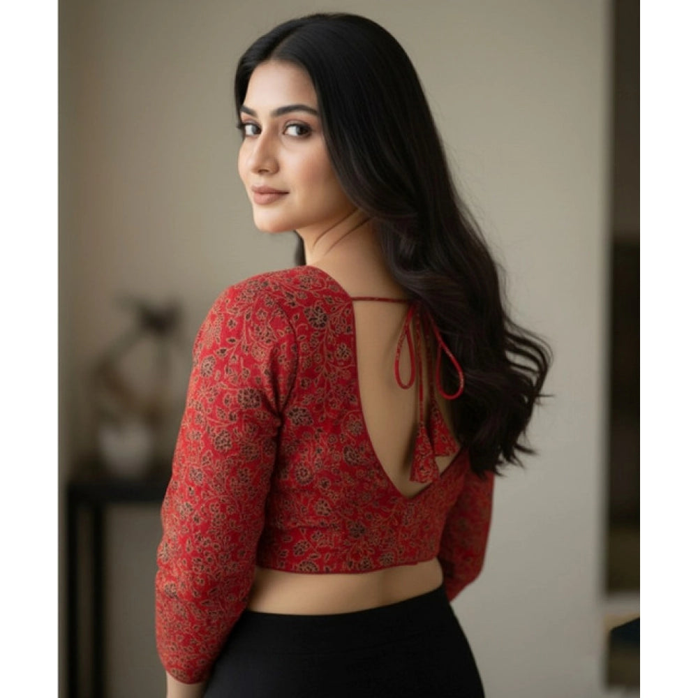 Women's Ajrakh Cotton Printed V-Neck Padded Blouse (Red 38 — Self Alterable 36–40