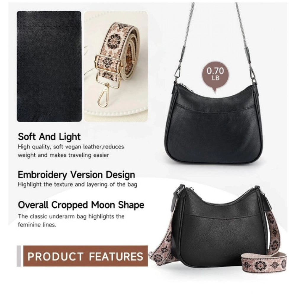 Women's Pu Leather Zipper Sling Bag — Black · 1BLK