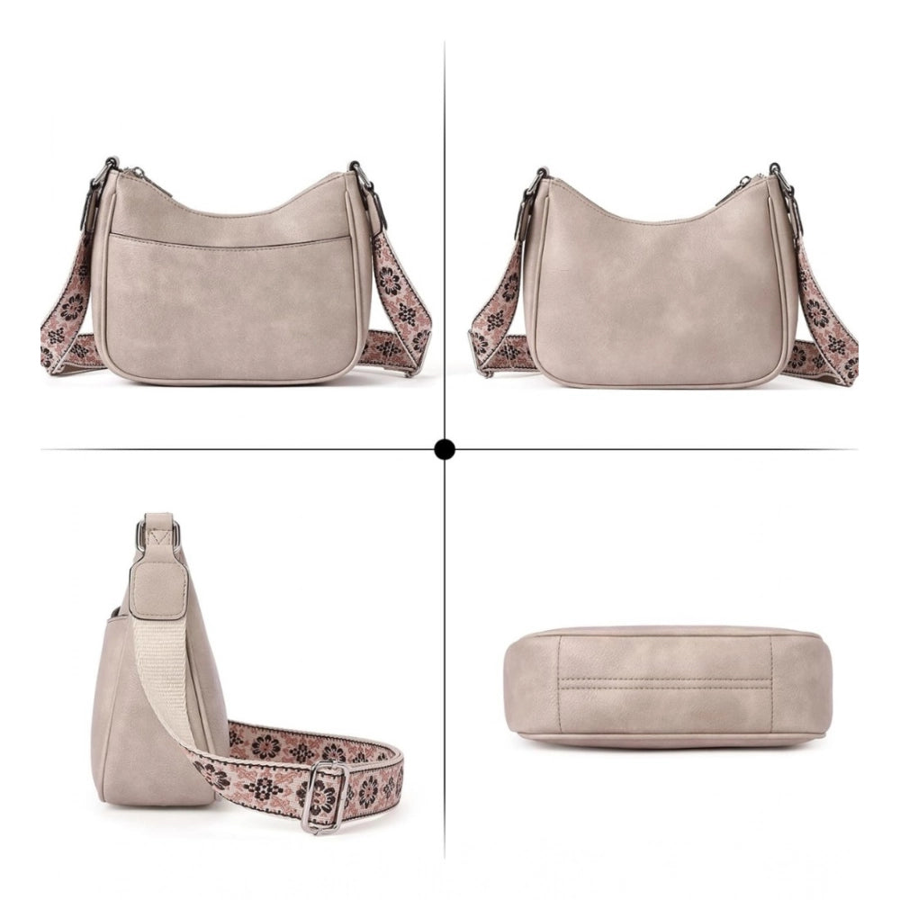 Women's Pu Leather Zipper Sling Bag — Beige · 1WHT