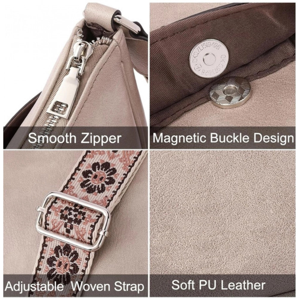 Women's Pu Leather Zipper Sling Bag — Beige · 1WHT