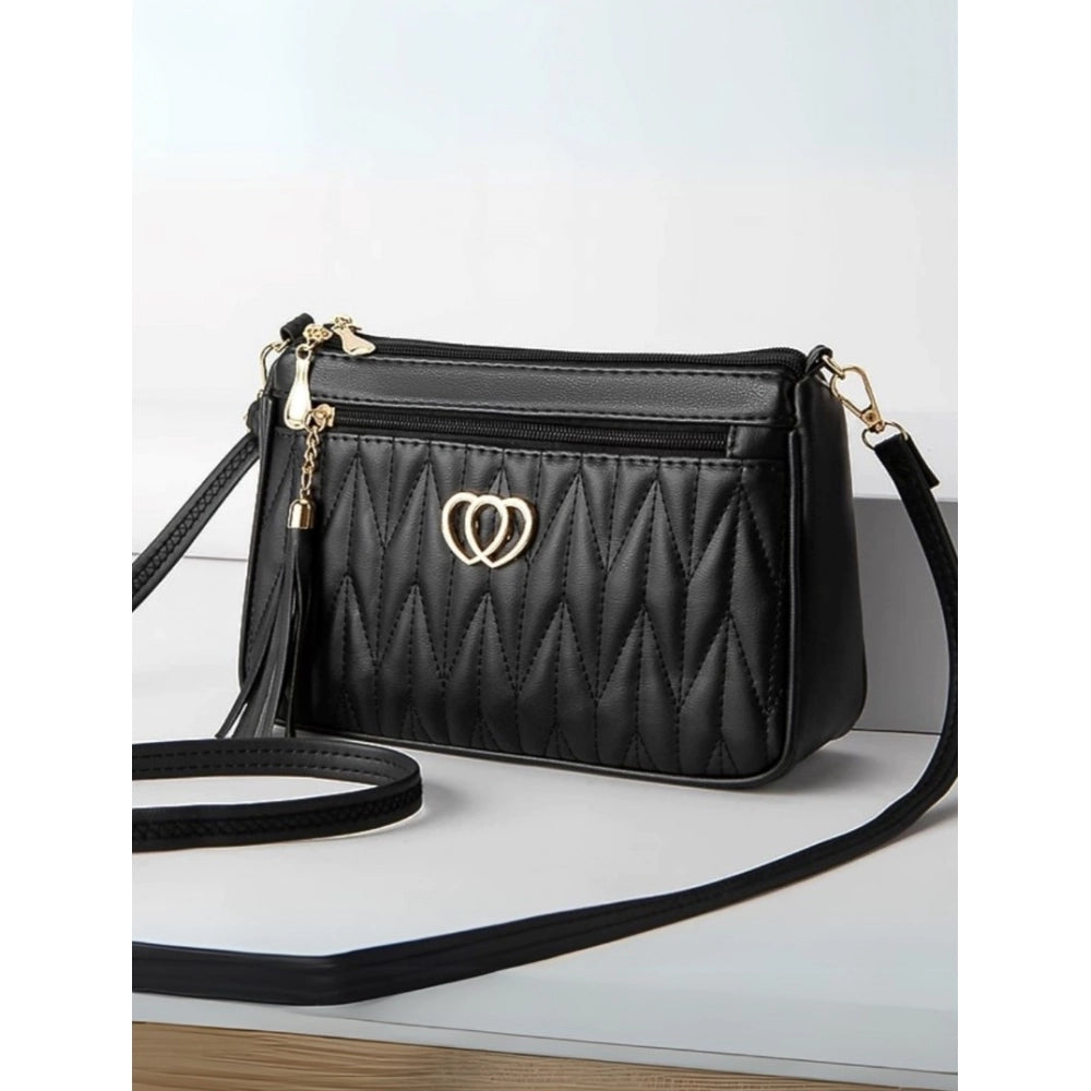 Women's Pu Leather Zipper Sling Bag — Black · 6BLK