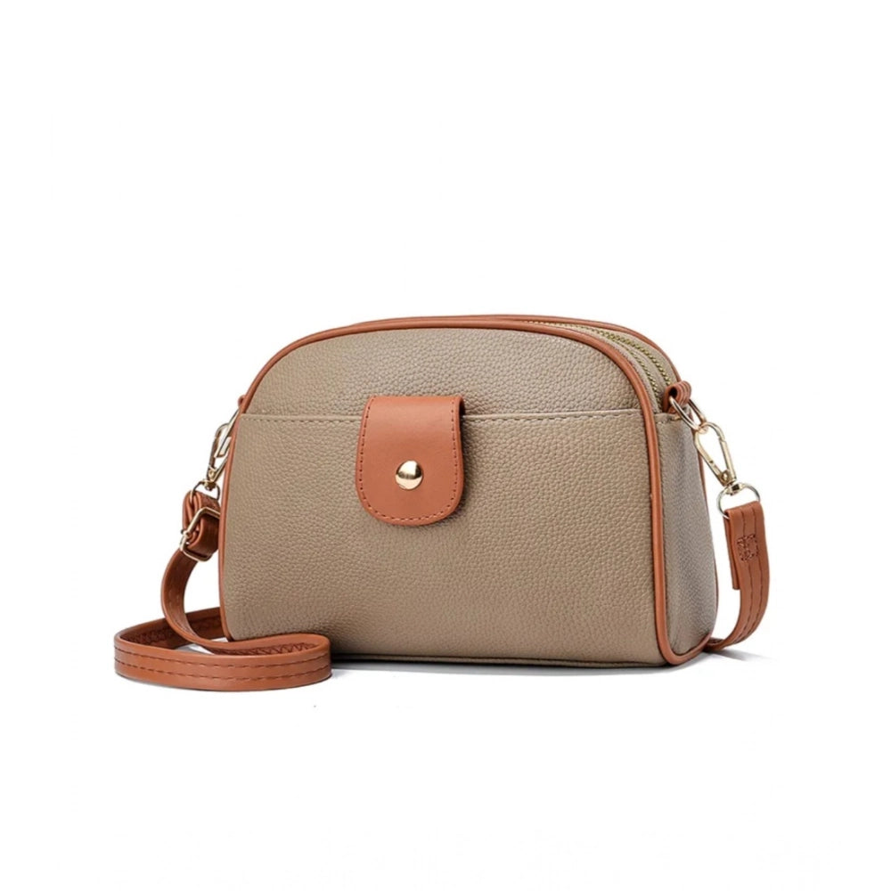 Women's Pu Leather Zipper Sling Bag — Khakhi