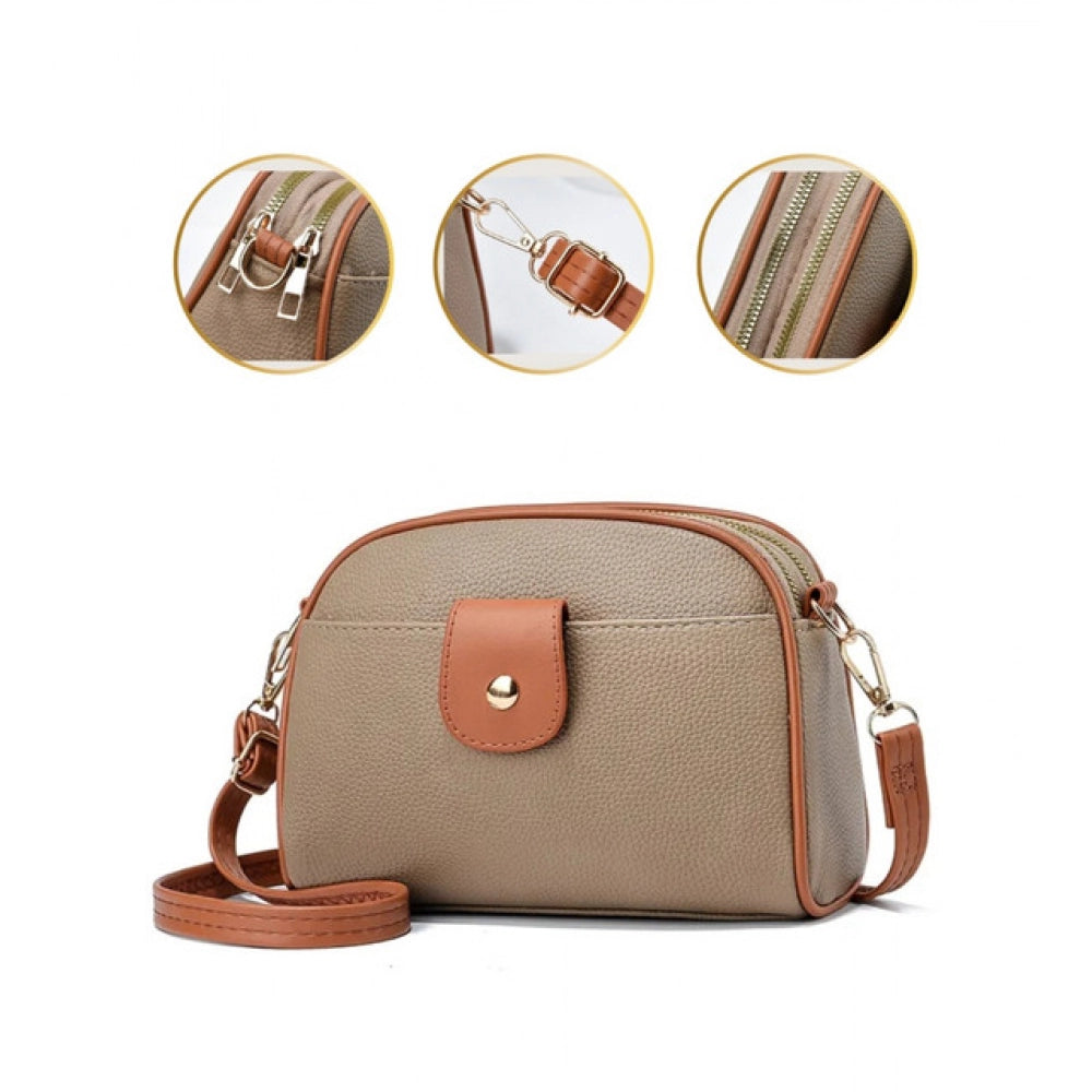 Women's Pu Leather Zipper Sling Bag — Khakhi