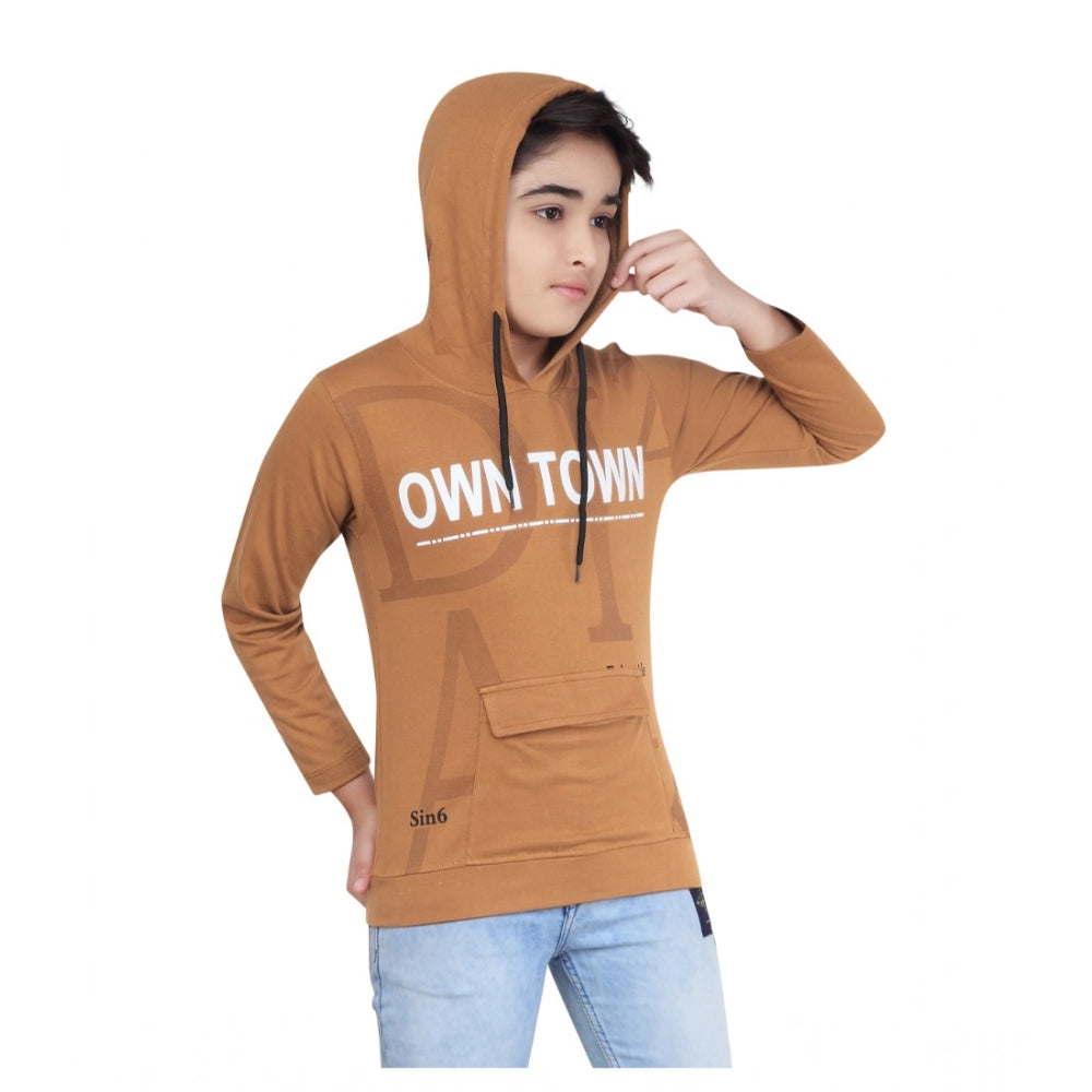 Boy's Cotton Printeded Hooded Neck Hoodies — Brown