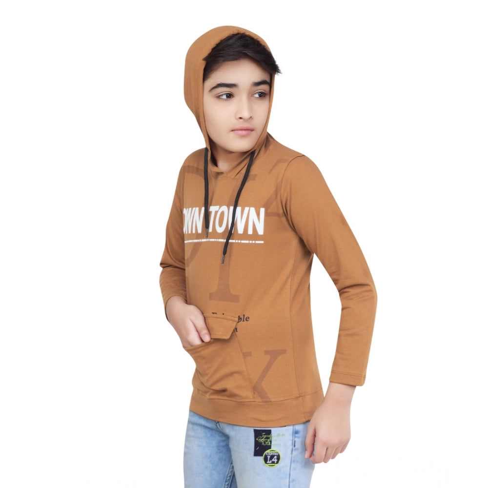Boy's Cotton Printeded Hooded Neck Hoodies — Brown