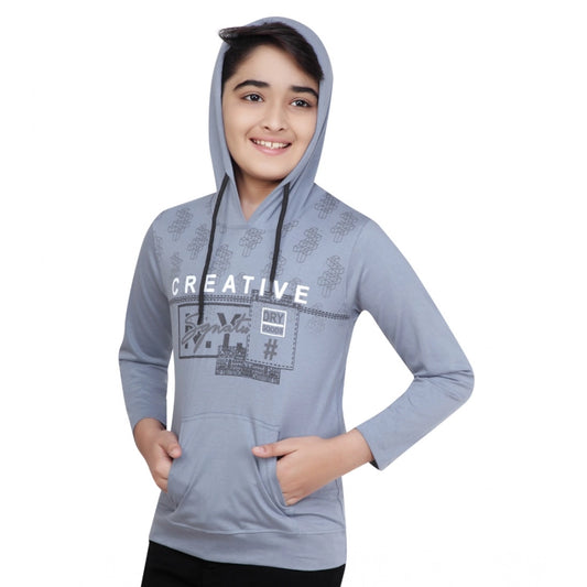 Boy's Cotton Printeded Hooded Neck Hoodies — Steel Blue