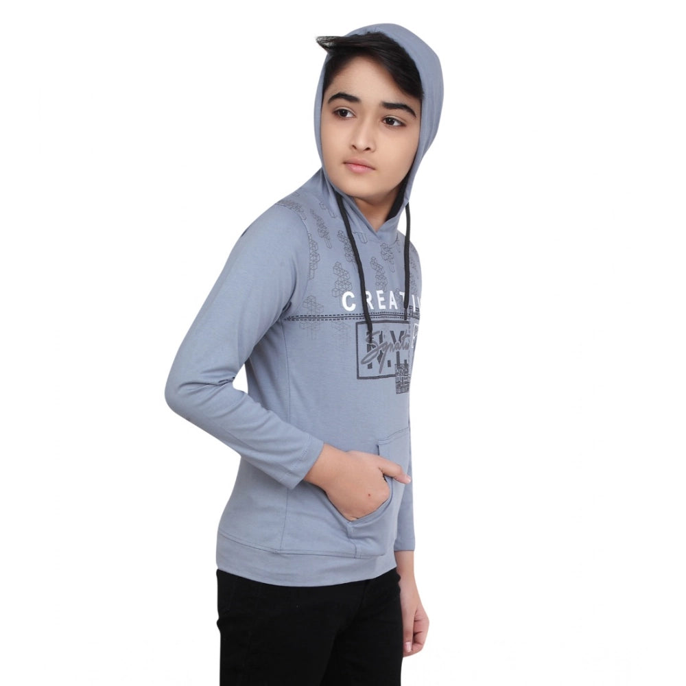 Boy's Cotton Printeded Hooded Neck Hoodies — Steel Blue