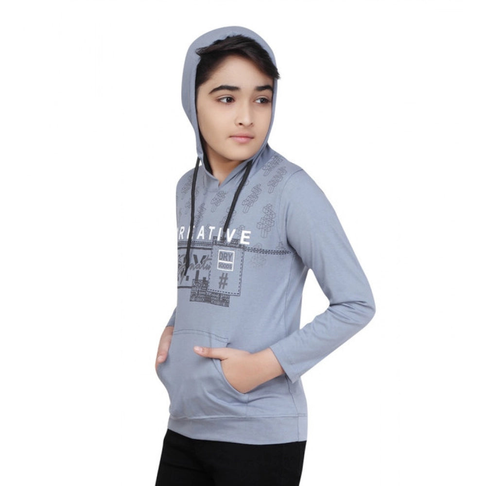 Boy's Cotton Printeded Hooded Neck Hoodies — Steel Blue