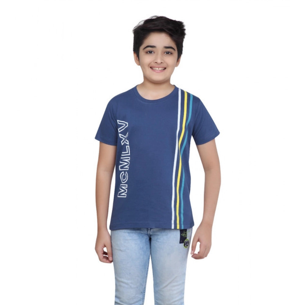 Boy's Cotton Grapic Printed Round Neck T-Shirt — Blue