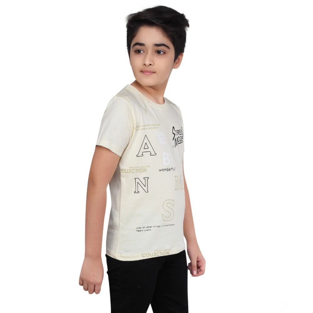 Boy's Cotton Grapic Printed Round Neck T-Shirt — Beige