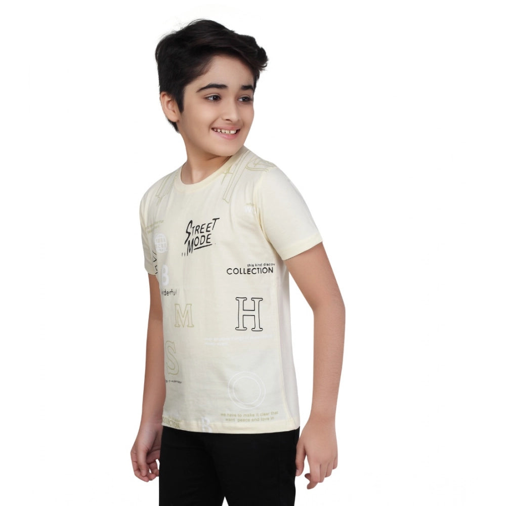 Boy's Cotton Grapic Printed Round Neck T-Shirt — Beige