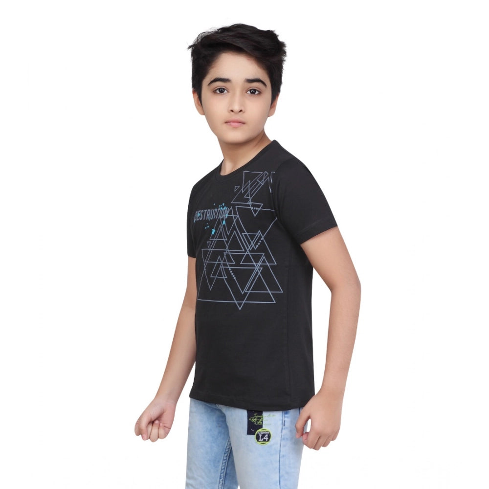 Boy's Cotton Grapic Printed Round Neck T-Shirt — Black