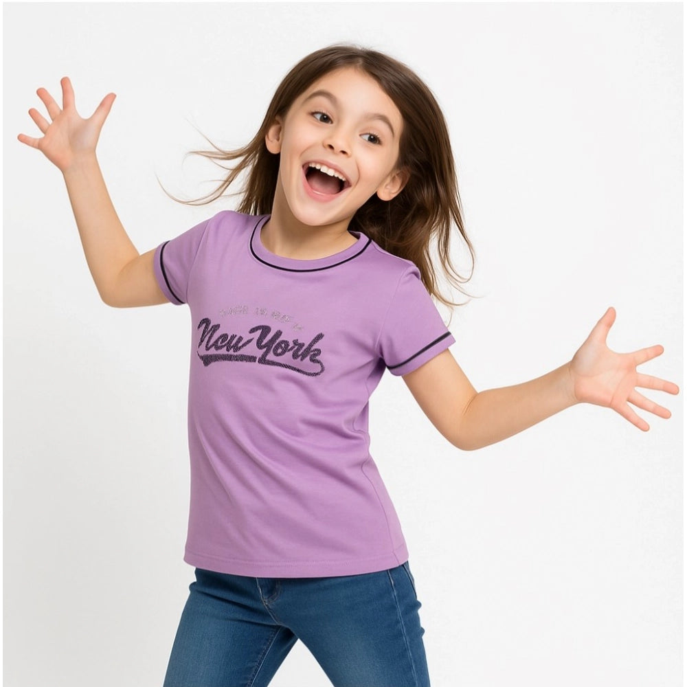 Girl's Cotton Printeded Round Neck T-Shirt — Lavander