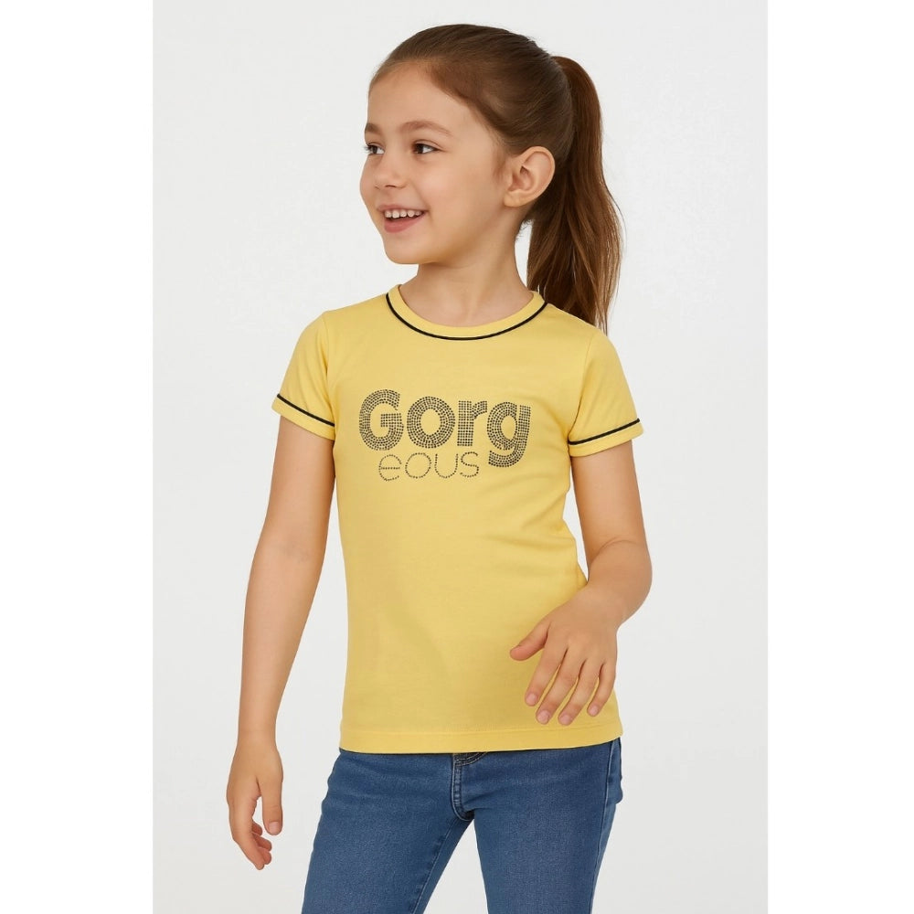Girl's Cotton Printeded Round Neck T-Shirt — Yellow