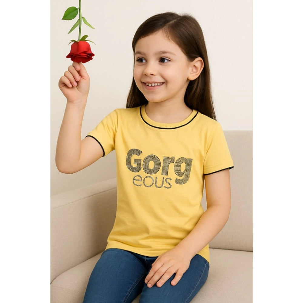 Girl's Cotton Printeded Round Neck T-Shirt — Yellow