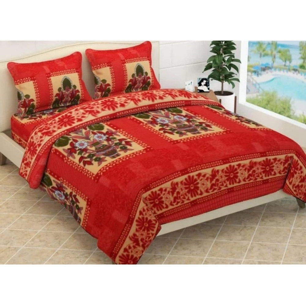 Fleece Floral Printed Double Polar Warm Bedsheet — Red