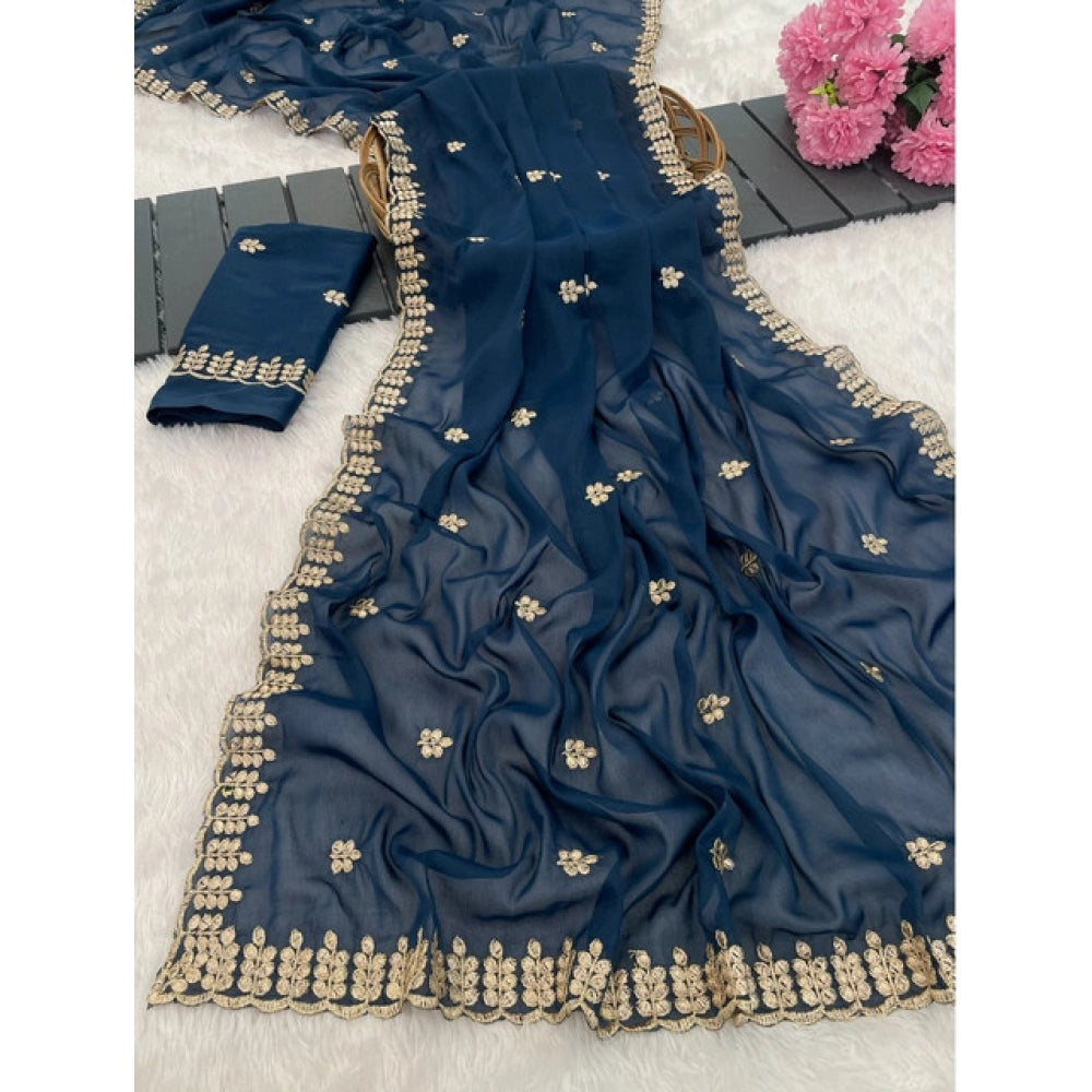 Women's Georgette Embroidered Saree — Blue
