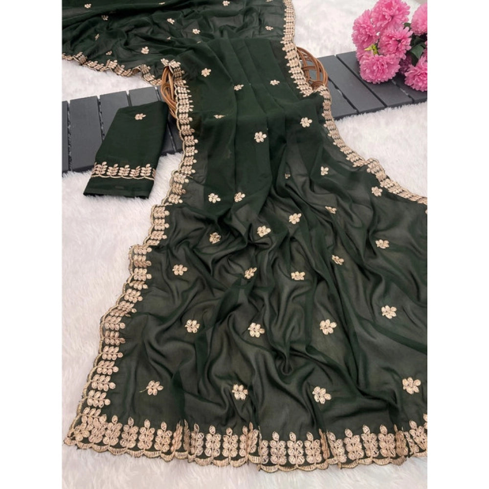 Women's Georgette Embroidered Saree — Green