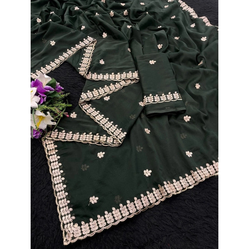 Women's Georgette Embroidered Saree — Green