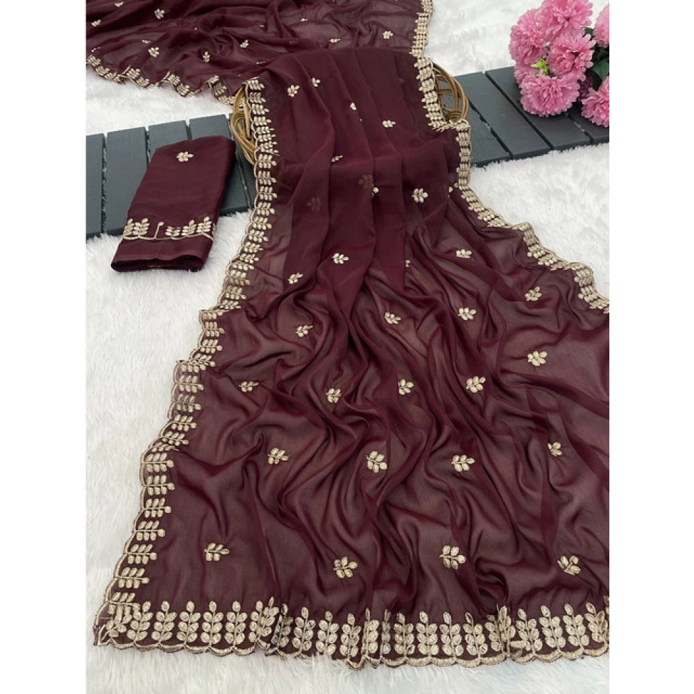 Women's Georgette Embroidered Saree — Maroon
