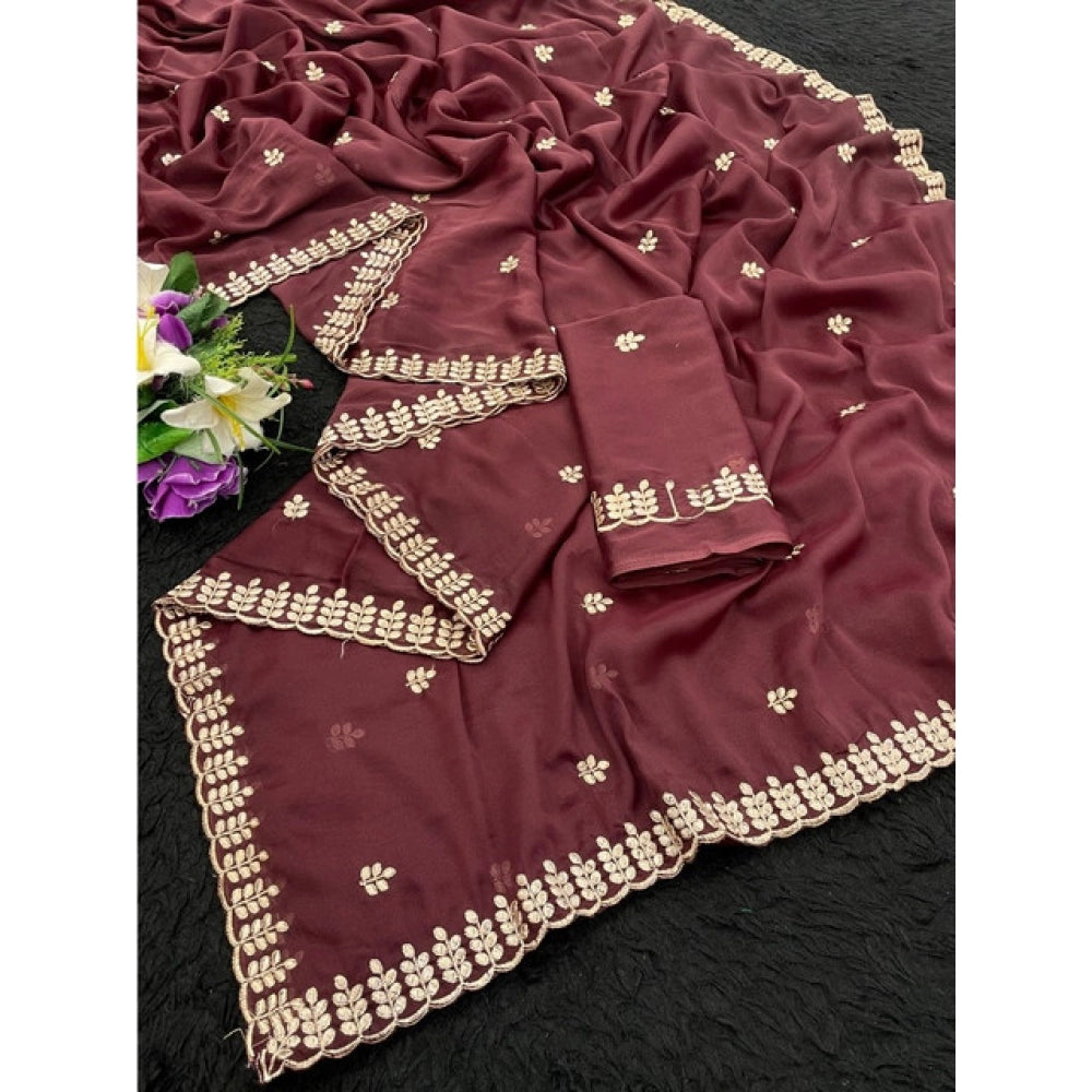 Women's Georgette Embroidered Saree — Maroon