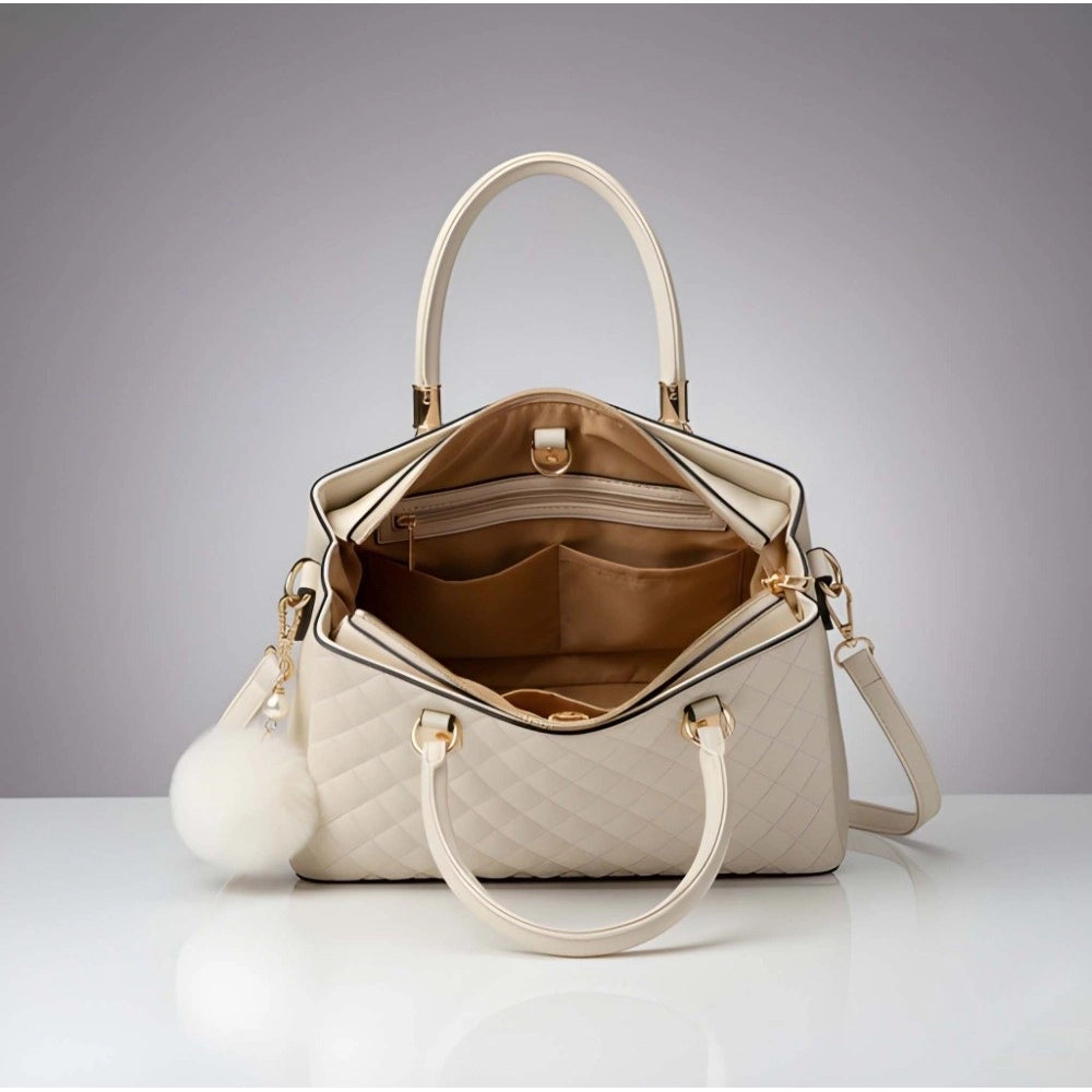 Women's Pu Leather Solid Shoulder Zipper Handbag — Cream · 1009