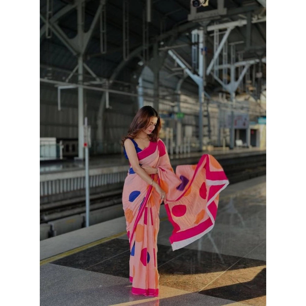 Women's Linen Printed Saree — Orange · PchG