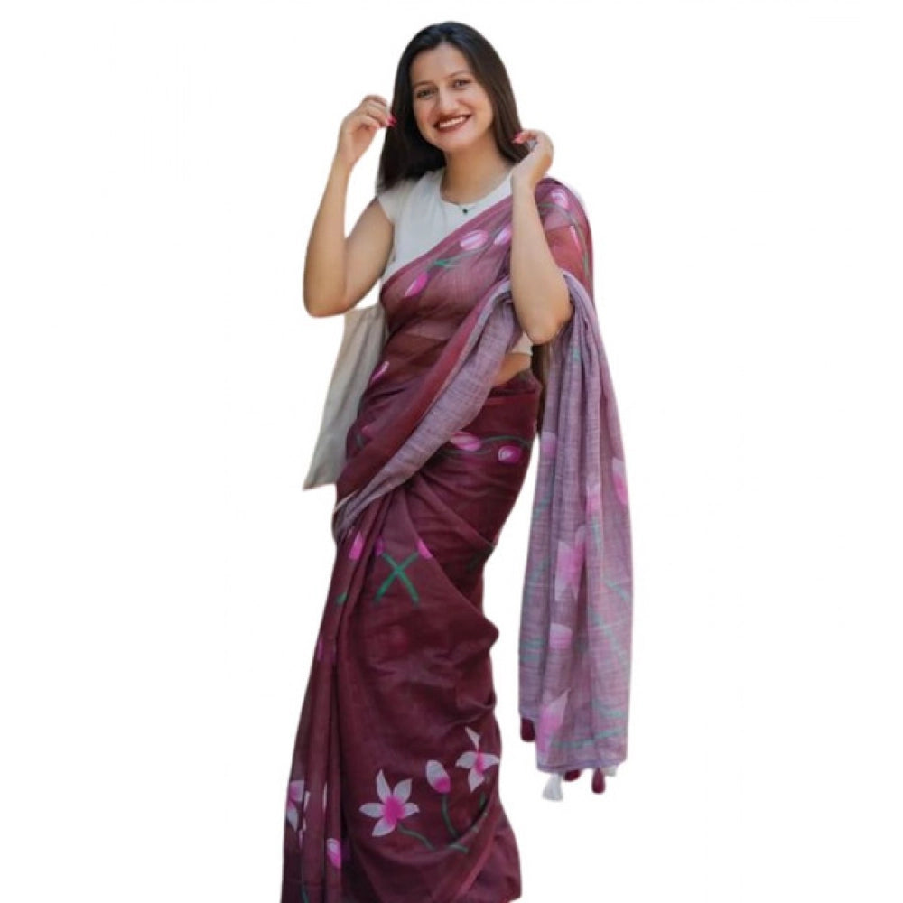 Women's Linen Printed Saree — Brown · _Brn