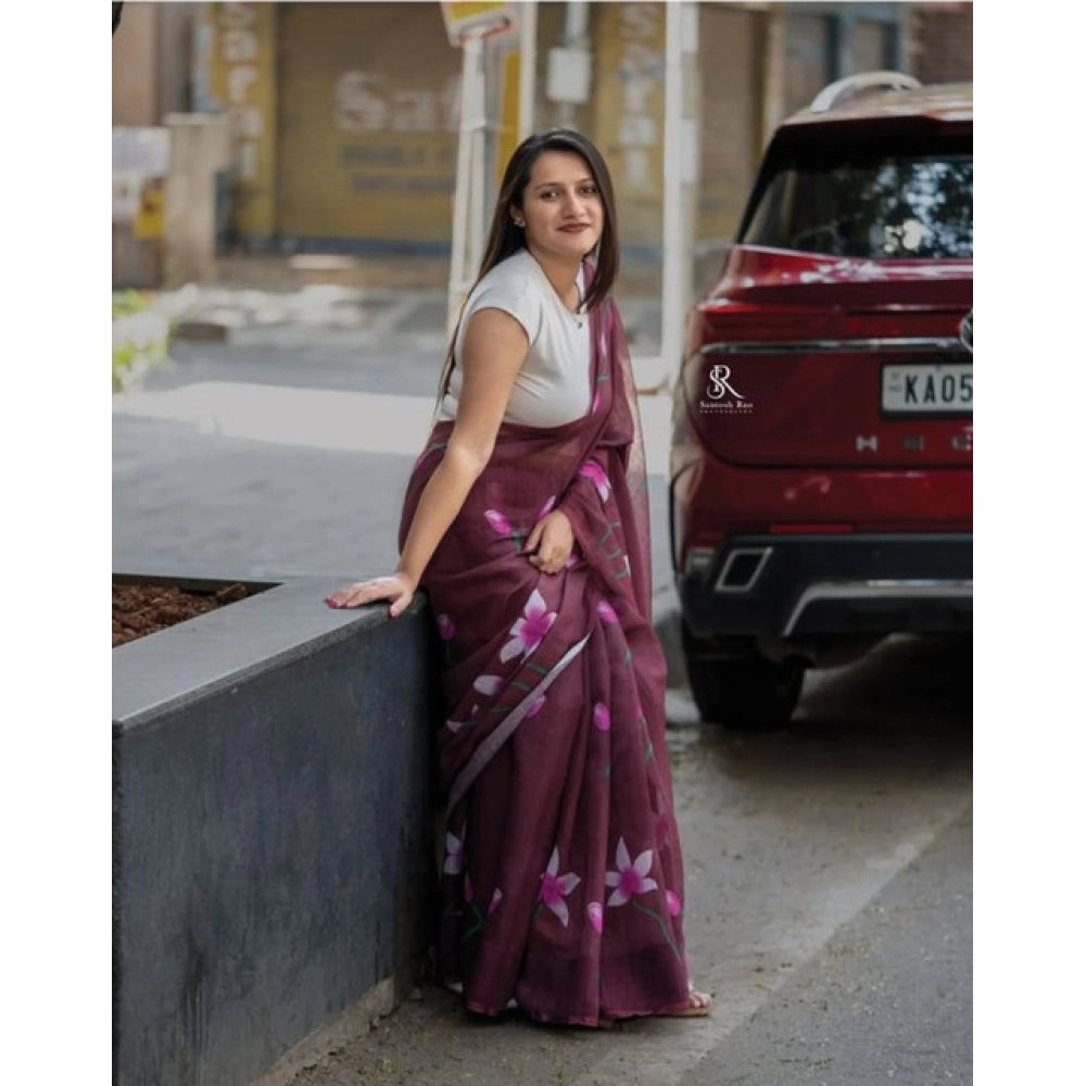 Women's Linen Printed Saree — Brown · _Brn