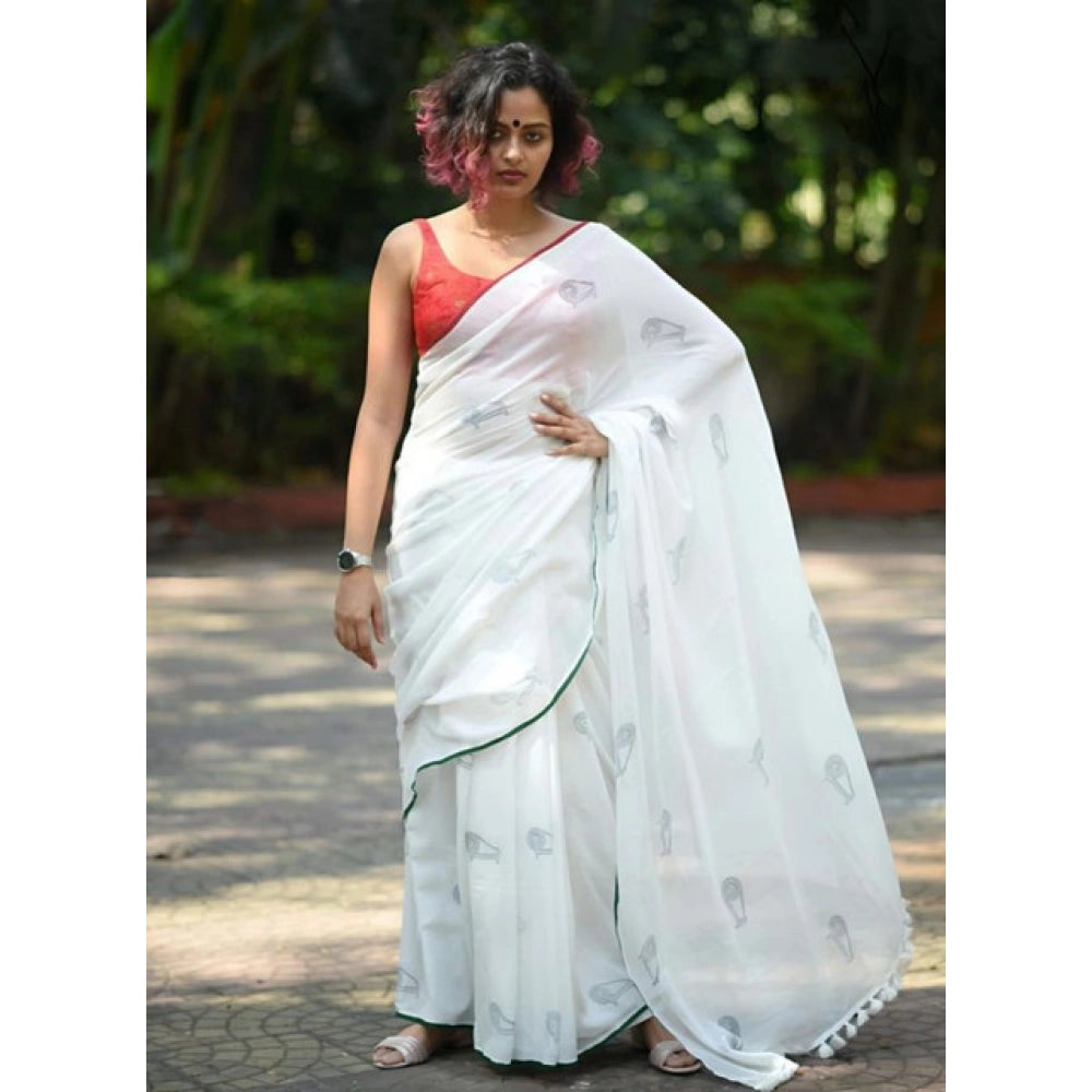 Women's Linen Printed Saree — White · _Wht