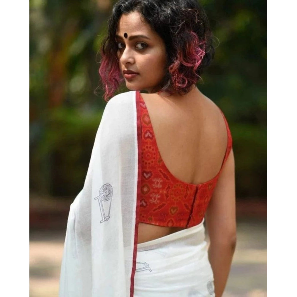 Women's Linen Printed Saree — White · _Wht