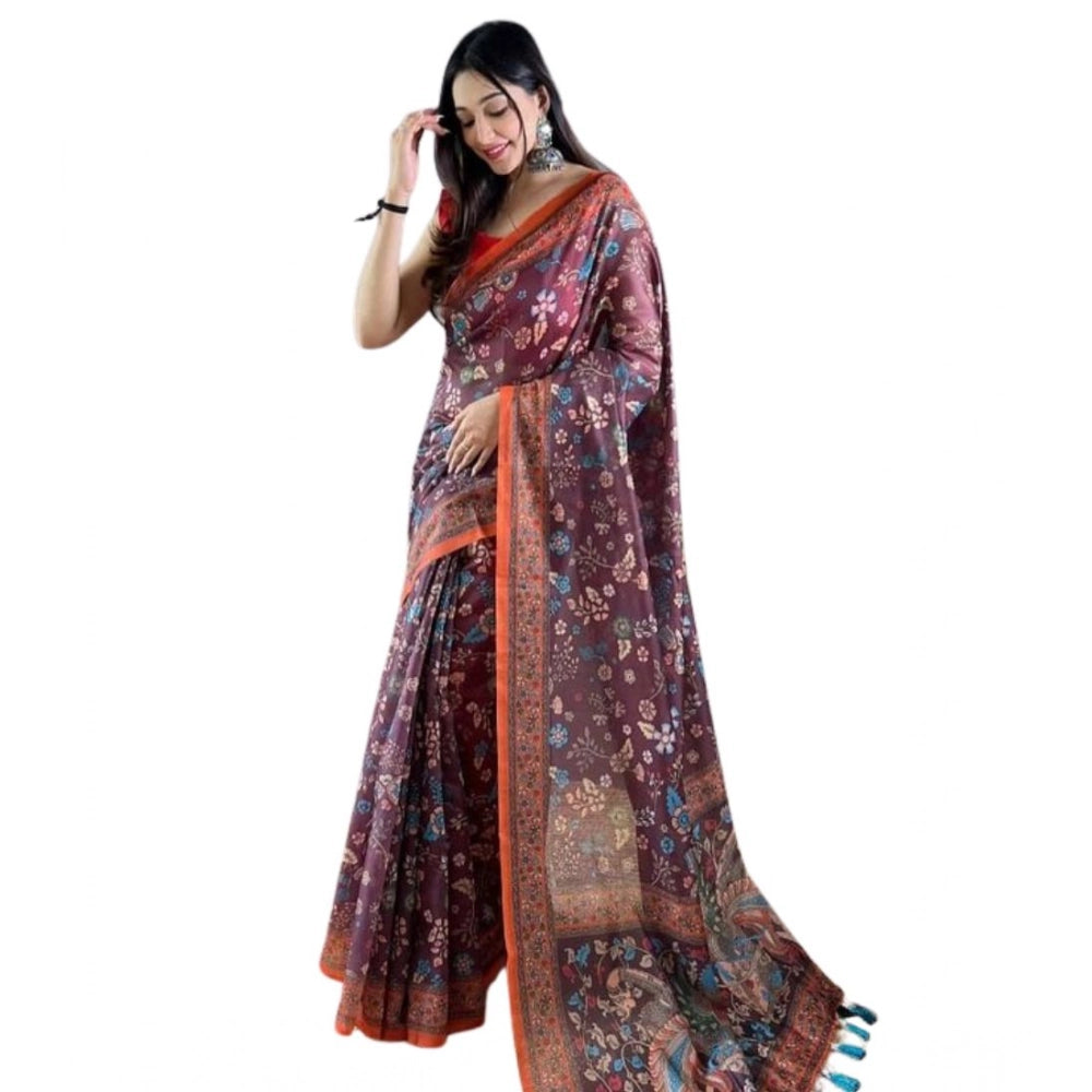 Women's Linen Printed Saree — Brown · _Brn