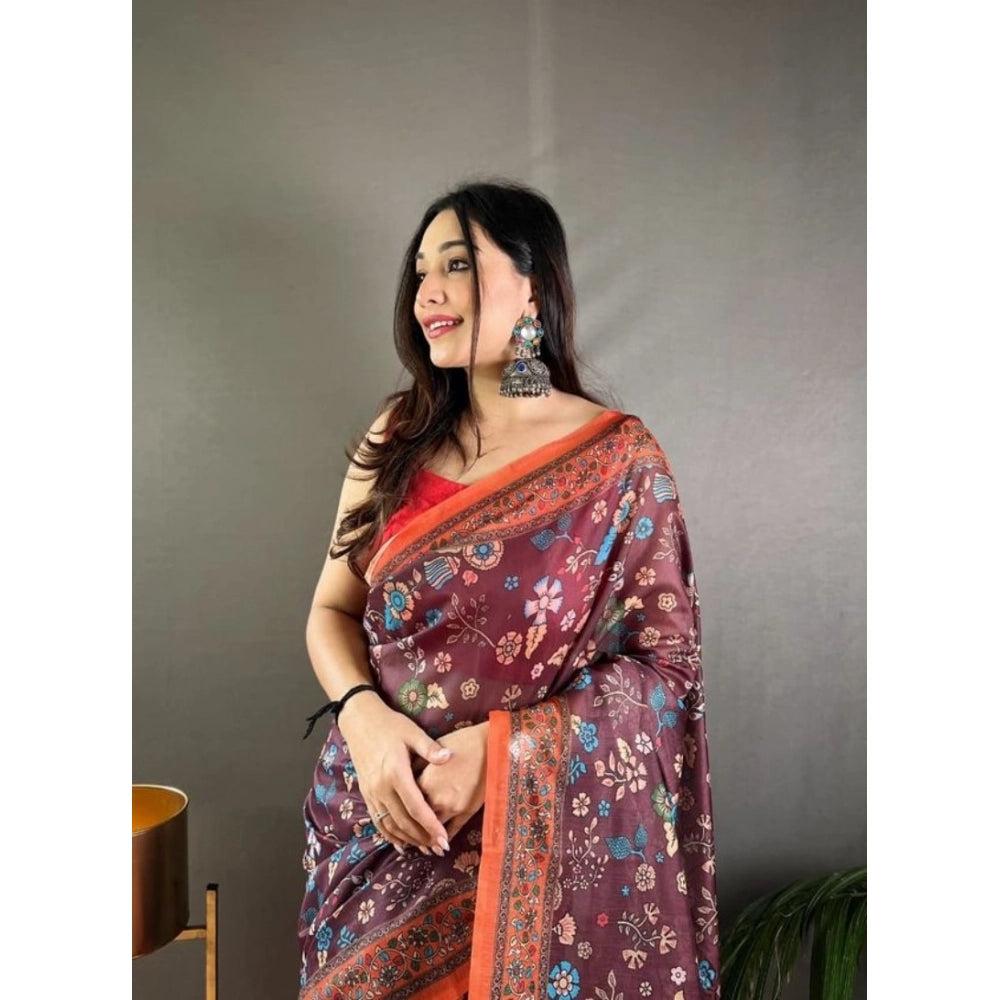 Women's Linen Printed Saree — Brown · _Brn