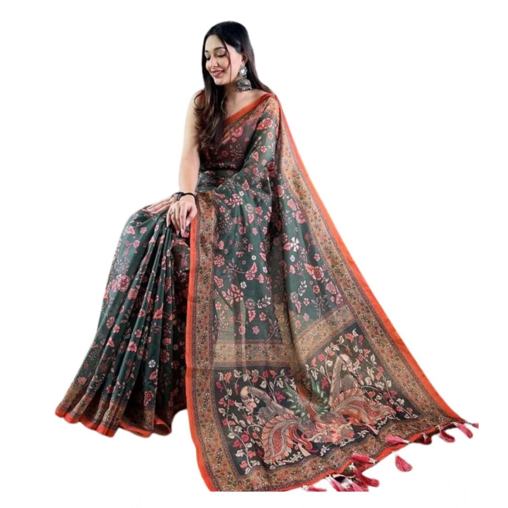 Women's Linen Printed Saree — Green · _Grn