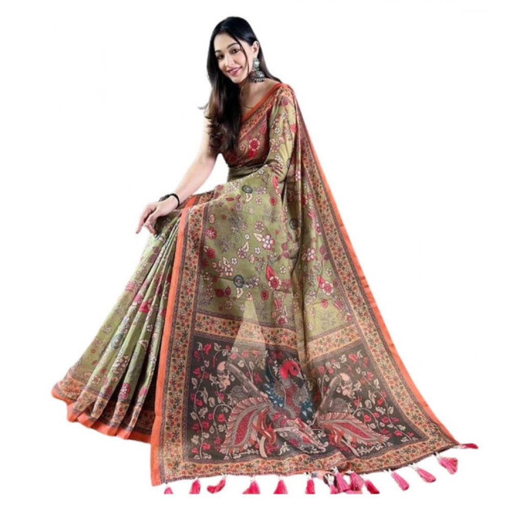 Women's Linen Printed Saree — Sea Green · _Mhd