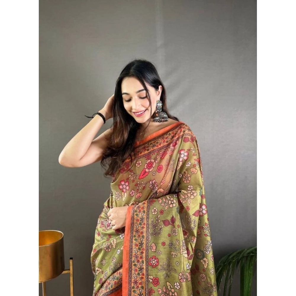 Women's Linen Printed Saree — Sea Green · _Mhd