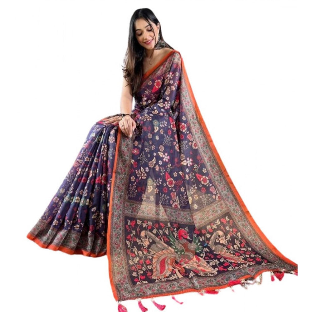 Women's Linen Printed Saree — Blue · Navy