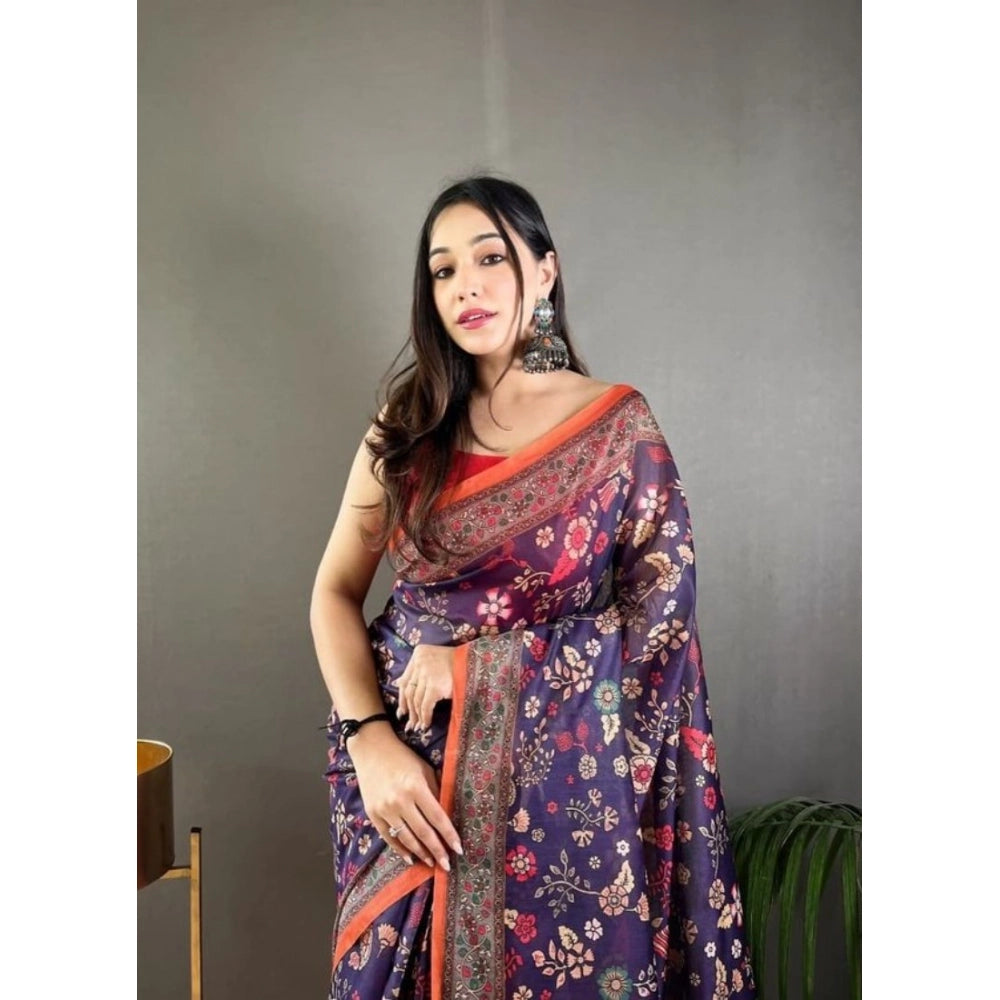 Women's Linen Printed Saree — Blue · Navy