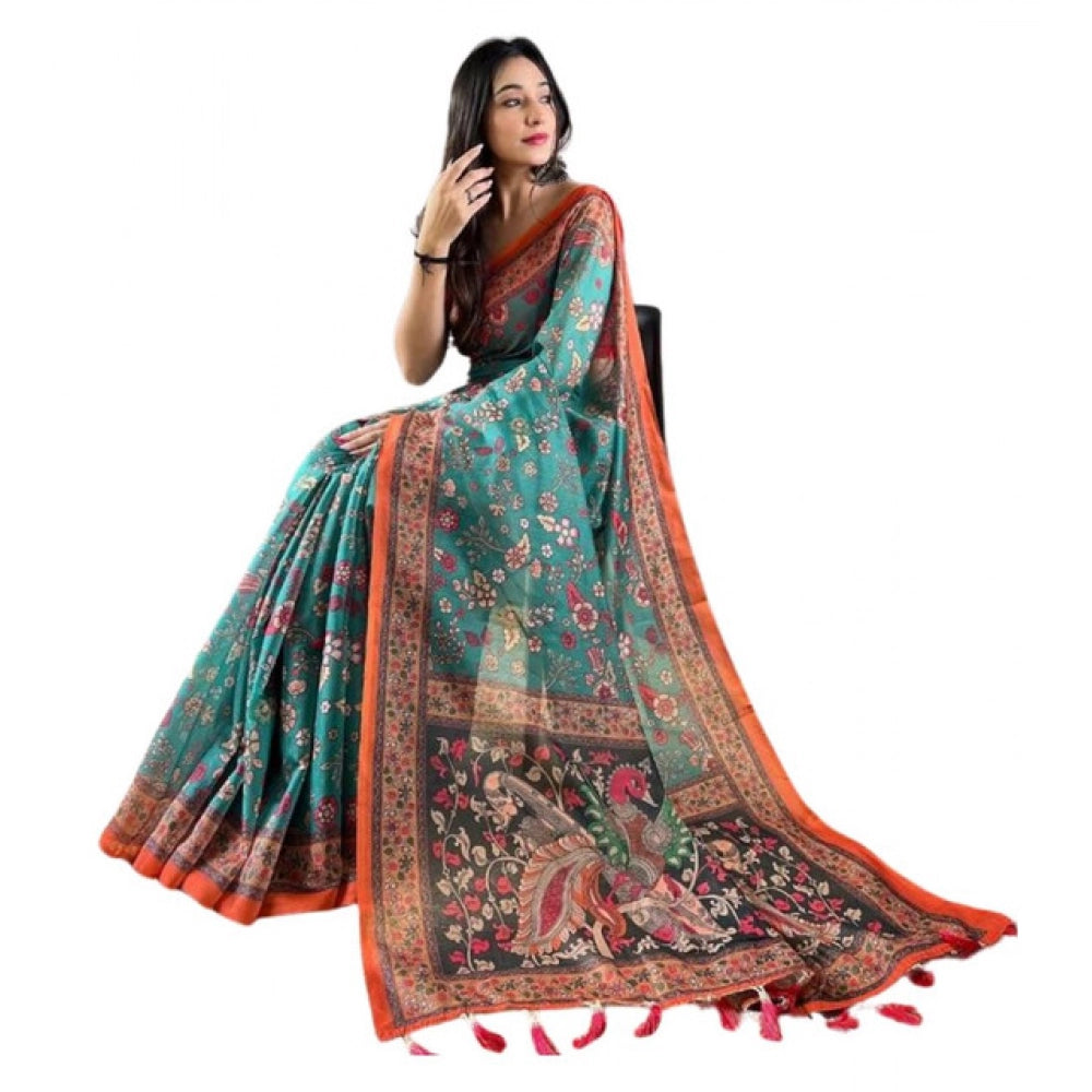 Women's Linen Printed Saree — Olive